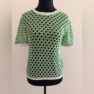 ZARA Green & White Crochet Knit Blouse | Short Sleeve Boho Top